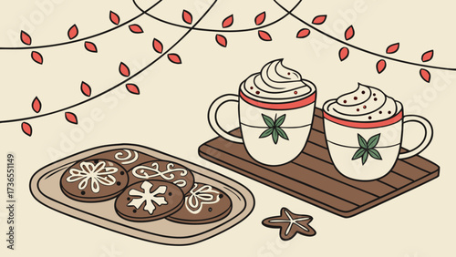 Festive cocoa and gingerbread cookies, adorned with holiday lights, create a cozy, inviting scene of christmas cheer in a charming illustration