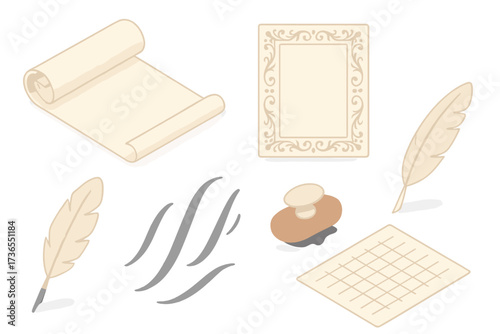 Calligraphy Tools Illustration. Isometric vector illustration set Calligraphy on parchment: parchment roll, ink strokes,