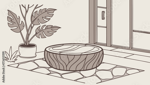 Tropical indoor scene with a round table, plant, and stone floor creating a relaxing and natural atmosphere in a modern home