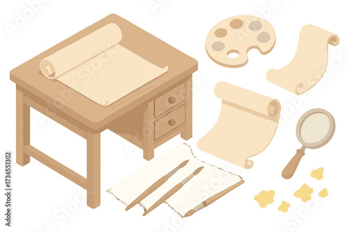 Illuminator's Workshop Items. Isometric vector illustration set Illuminator’s workshop: wooden desk, parchment scroll, paint