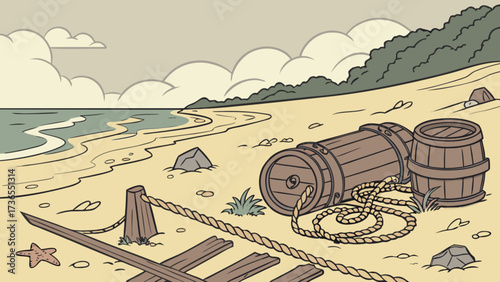 Barrels washed ashore on a beach, creating a scene of maritime history and coastal decay, with a serene ocean backdrop and cloudy sky