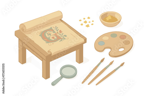 Illuminator's Workshop Items. Isometric vector illustration set Illuminator’s workshop: wooden desk, parchment scroll, paint