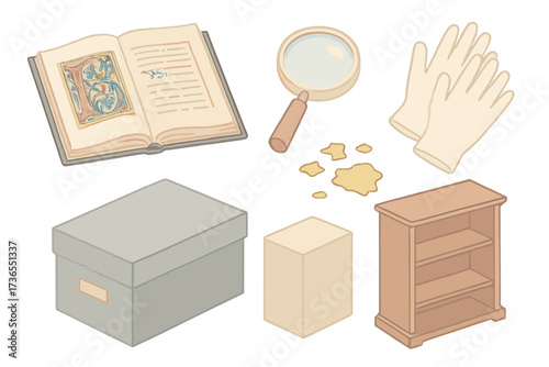 Collector's Treasures Icons. Isometric vector illustration set Collector’s treasures: illuminated folio, magnifier lens,