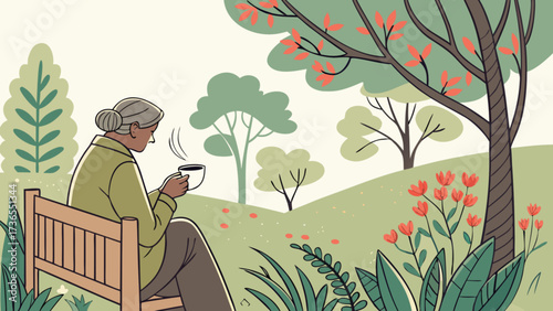 An elderly woman sits on a park bench, sipping coffee and enjoying the peaceful surroundings, with trees, flowers, and a gentle breeze on a sunny day