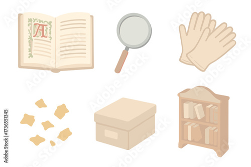 Collector's Treasures Icons. Isometric vector illustration set Collector’s treasures: illuminated folio, magnifier lens,