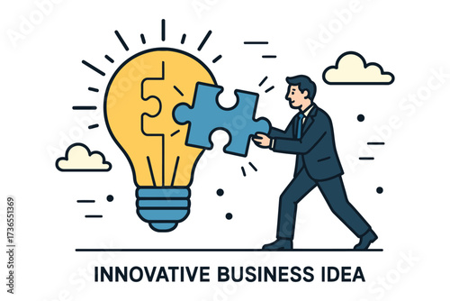 Businessman completing innovative business idea with lightbulb and puzzle piece