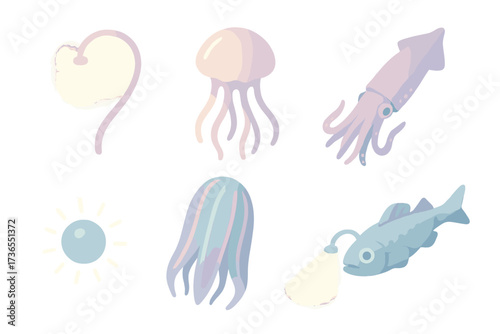 Bioluminescent Sea Icons. Isometric vector illustration set Bioluminescent symbols: glowing lure bulb, jellyfish light, comb jelly