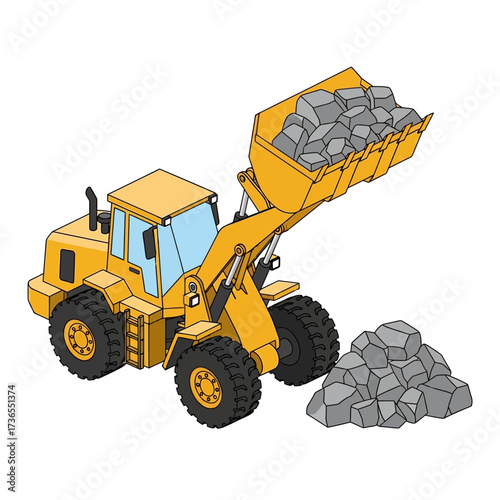 Yellow Front Loader Lifting Rocks Illustration.