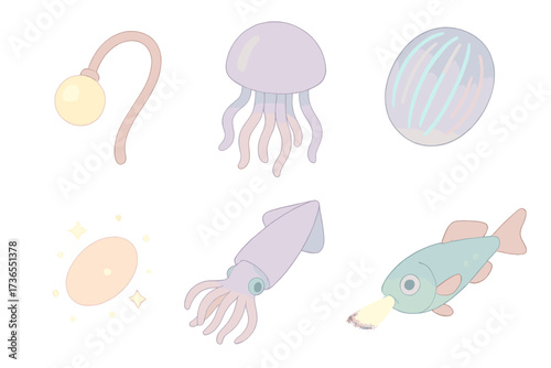 Bioluminescent Sea Icons. Isometric vector illustration set Bioluminescent symbols: glowing lure bulb, jellyfish light, comb jelly