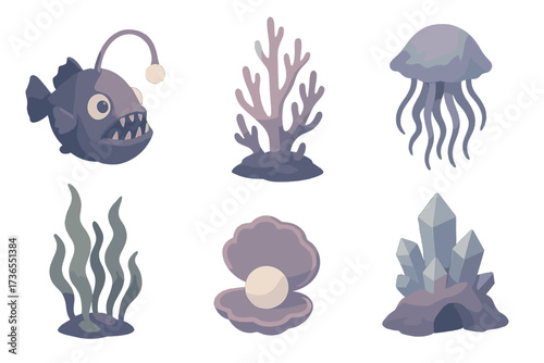 Fantasy Deep Sea Creatures. Isometric vector illustration set Fantasy deep sea scene: anglerfish glowing in dark, coral spire,