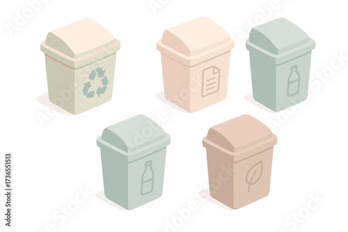 Pastel Recycling Bins. Isometric vector illustration set Waste separation bins: recycle arrows, paper bin, glass bin, plastic bin,