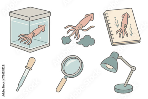 Marine Biology Tools. Isometric vector illustration set Marine biology study: squid in tank, ink release diagram, notebook sketch,