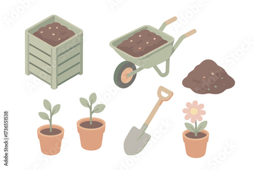 Garden Compost Essentials. Isometric vector illustration set Garden compost use: compost bin, wheelbarrow, soil pile, shovel,