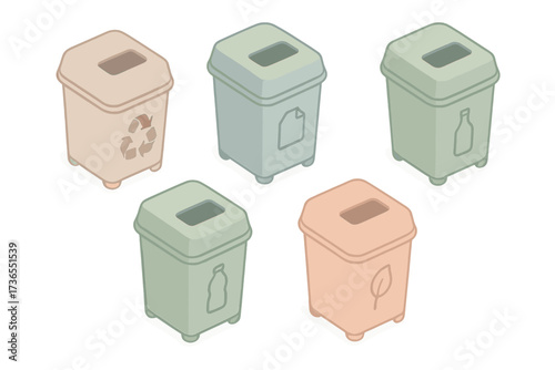 Pastel Recycling Bins. Isometric vector illustration set Waste separation bins: recycle arrows, paper bin, glass bin, plastic bin,