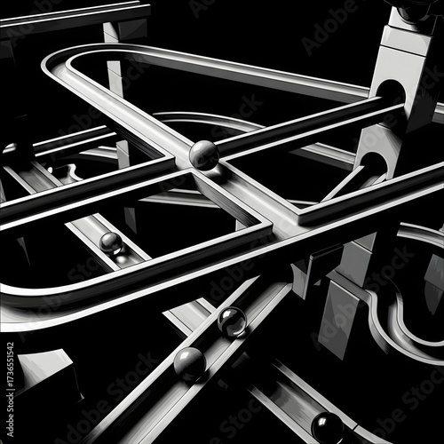 Intricate abstract black and white photograph of a complex marble run system with multiple tracks and rolling spheres