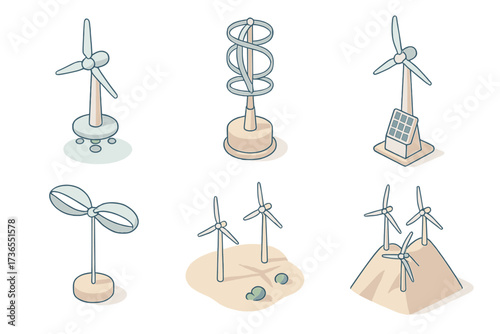 Futuristic Wind Designs. Isometric vector illustration set Futuristic wind designs: floating wind turbine, vertical-axis turbine,