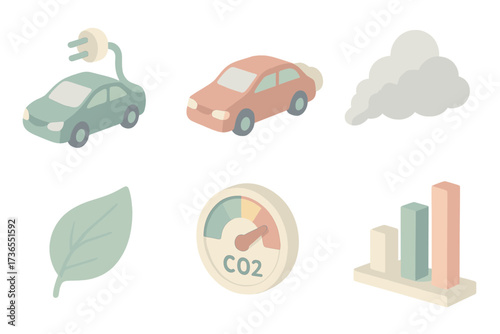 Emission Comparison Icons. Isometric vector illustration set Emission comparison: electric car, gasoline car, smoke cloud, clean
