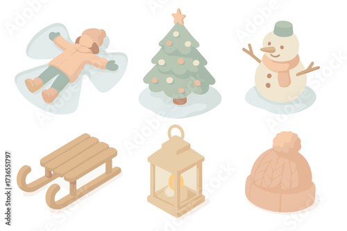 Snowy Holiday Icons. Isometric vector illustration set Snowy holiday fun: snow angel impression cold, decorated fir tree, snowman,