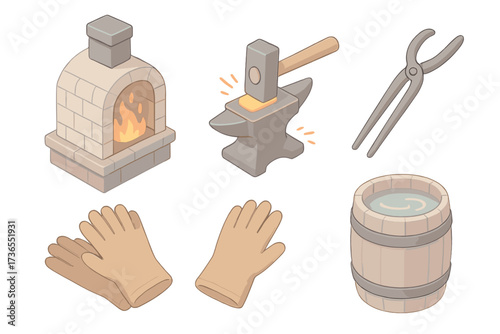 Metalworking Craft Icons. Isometric vector illustration set Traditional metalworking craft: forge furnace, hammer on anvil, iron