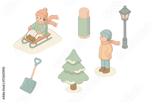 Winter Hill Activities. Isometric vector illustration set Winter hill activity: sled ride, scarf blowing, thermos flask, lantern
