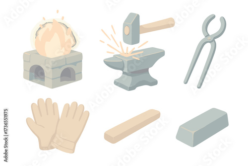 Forge Tools Icons. Isometric vector illustration set Fire and steel craft: glowing forge, hammer on anvil, metal tongs, sparks,