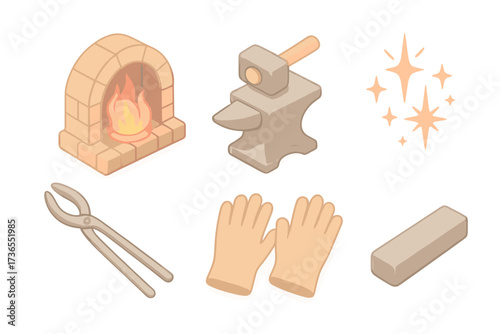 Forge Tools Icons. Isometric vector illustration set Fire and steel craft: glowing forge, hammer on anvil, metal tongs, sparks,