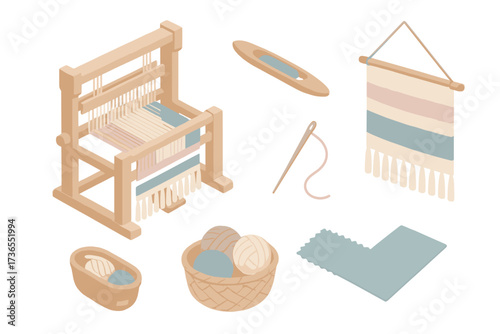 Fabric Craft Icons. Isometric vector illustration set Fabric craft collection: loom with weaving threads, shuttle, basket of yarn,
