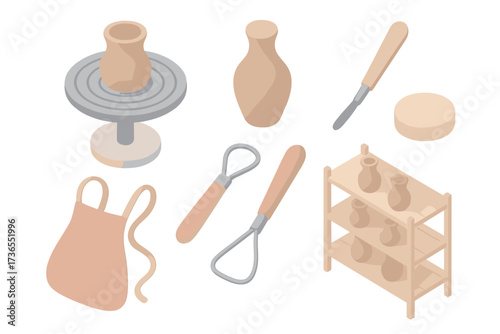 Handmade Ceramics Process. Isometric vector illustration set Handmade ceramic process: pottery wheel clay shape, carving tool,