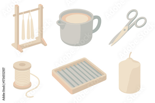 Candle Workshop Icons. Isometric vector illustration set Handcrafted candle workshop: wick dipping frame, pot of melted tallow,