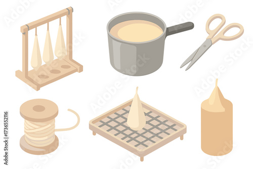 Candle Workshop Icons. Isometric vector illustration set Handcrafted candle workshop: wick dipping frame, pot of melted tallow,