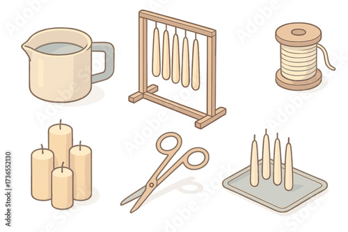Candle Making Essentials. Isometric vector illustration set Candle artisan essentials: wax melting pot, dipping frame, wick spool,