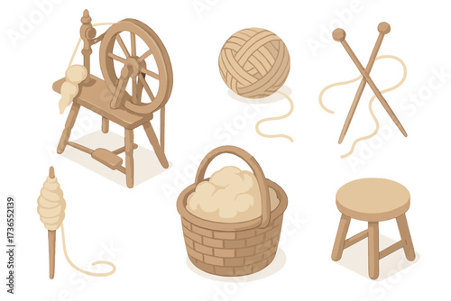 Rustic Yarn Icon Set. Isometric vector illustration set Rustic yarn making: spinning wheel yarn thread, ball of yarn, knitting