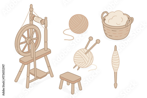 Rustic Yarn Icon Set. Isometric vector illustration set Rustic yarn making: spinning wheel yarn thread, ball of yarn, knitting