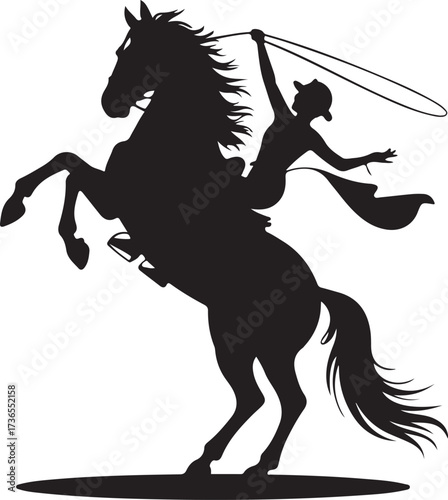 Black silhouette of a cowboy on a rearing horse with a lasso black and white