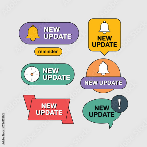 Collection of Modern Notification and Reminder Badges with New Update Text Keywords: notification