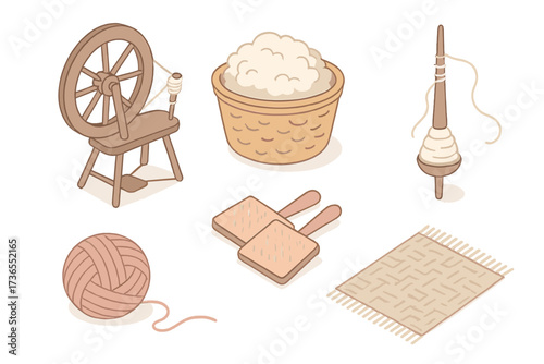 Wool to Thread Icons. Isometric vector illustration set Wool to thread process: spinning wheel yarn thread, fleece basket, hand