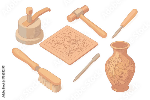 Copper Crafting Tools. Isometric vector illustration set Handcrafted copper pieces: coppersmith metal tool etch, chasing hammer,