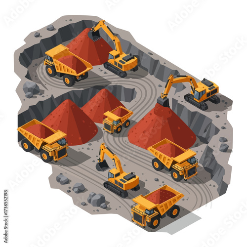 Isometric Mining Operation with Trucks and Excavators.