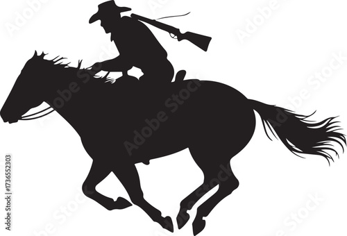 Black silhouette of a cowboy on horseback with a rifle western