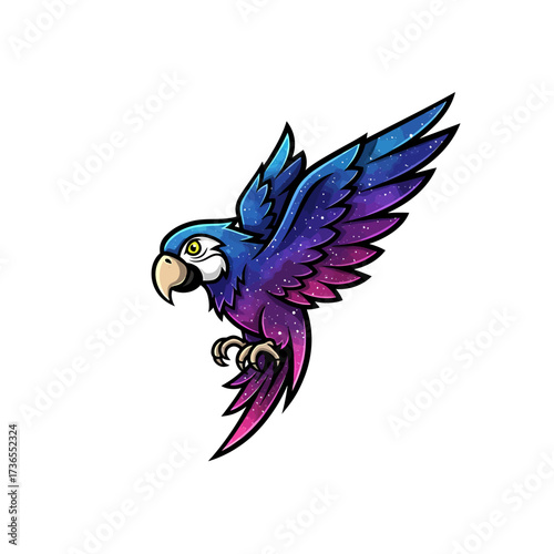 Vibrant galaxy parrot soaring high, a stunning cosmic creation for imaginative designs and captivating brand visuals that will truly stand out