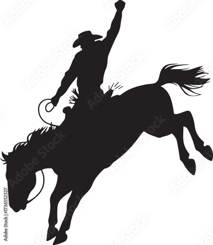Black silhouette of a cowboy riding a bucking horse with arm raised rodeo