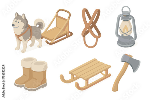 Arctic Survival Gear Icons. Isometric vector illustration set Arctic survival pack: dog sled mush snow, harness gear, wooden sled,