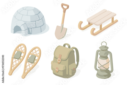 Winter Camp Essentials. Isometric vector illustration set Northern winter camp: igloo ice block shelter, snow shovel, sled,