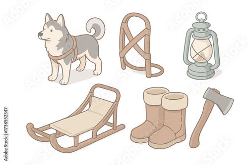 Arctic Survival Gear Icons. Isometric vector illustration set Arctic survival pack: dog sled mush snow, harness gear, wooden sled,