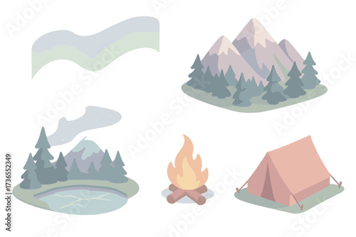 Aurora Camping Adventure. Isometric vector illustration set Northern nature glow: aurora polar light shimmer, mountain ridge,