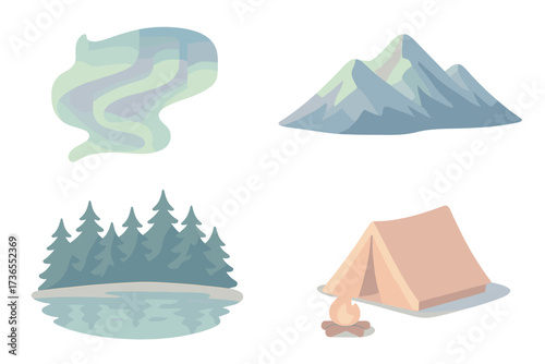 Aurora Camping Adventure. Isometric vector illustration set Northern nature glow: aurora polar light shimmer, mountain ridge,