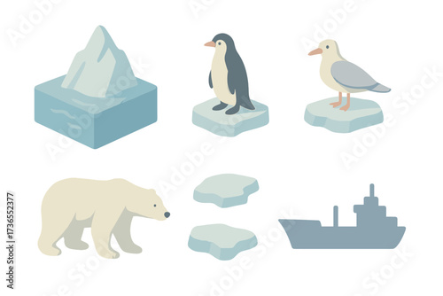 Polar Icons Collection. Isometric vector illustration set Frozen polar waters: iceberg tip float ocean, penguin, ice floes,