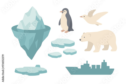 Polar Icons Collection. Isometric vector illustration set Frozen polar waters: iceberg tip float ocean, penguin, ice floes,