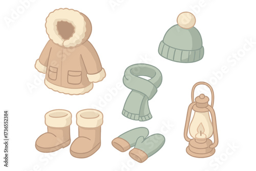 Snowy Landscape Attire. Isometric vector illustration set Snowy landscape clothing: fur parka hood warm, wool hat, boots, scarf,