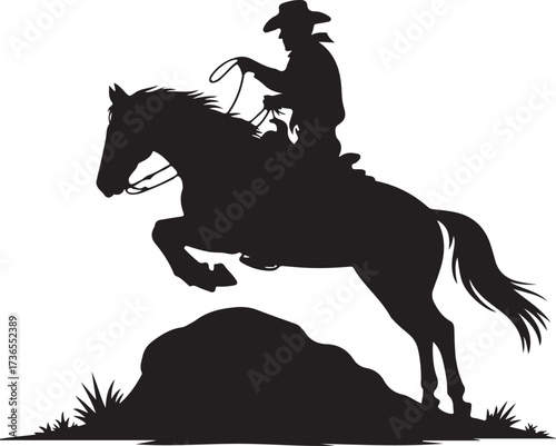 Black silhouette of a cowboy riding a horse jumping over a rock vector